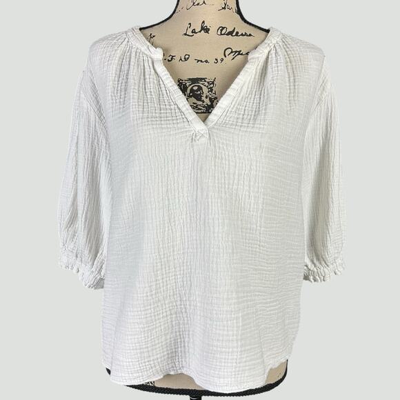 J by Joie Top women Sze Large White Gauzy Cotton Coastal Boho 3/4 Sleeves Blouse - Picture 1 of 11